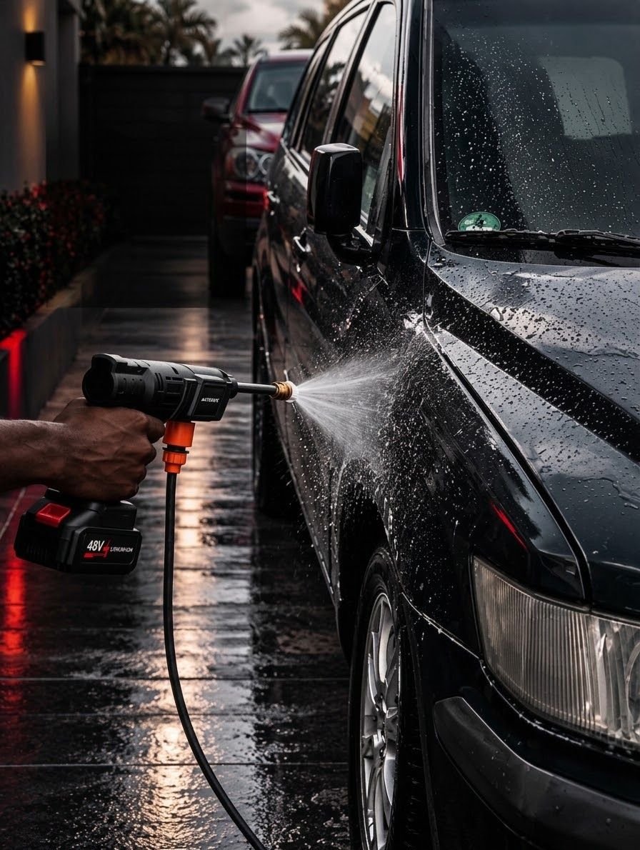 A glossy black car being rinsed on a wet driveway